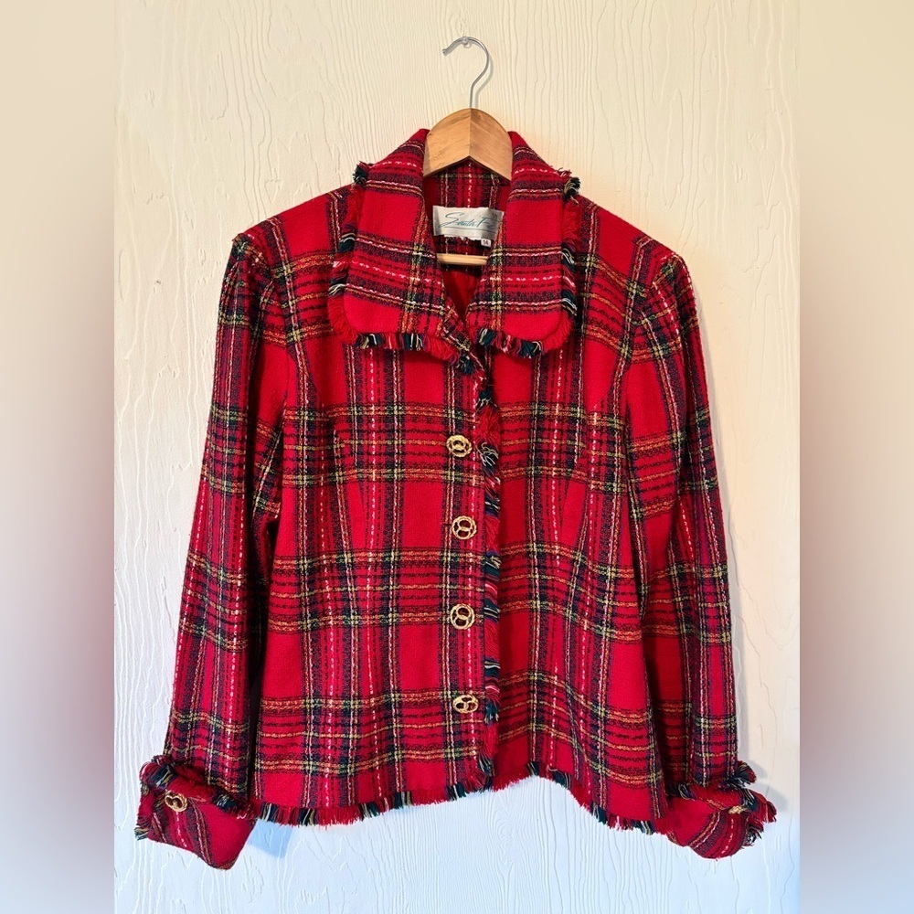 Vintage Red Tweed Plaid Knit Woven Raw Hem Fringe Blazer Jacket Gold Buttons - Picture 5 of 12